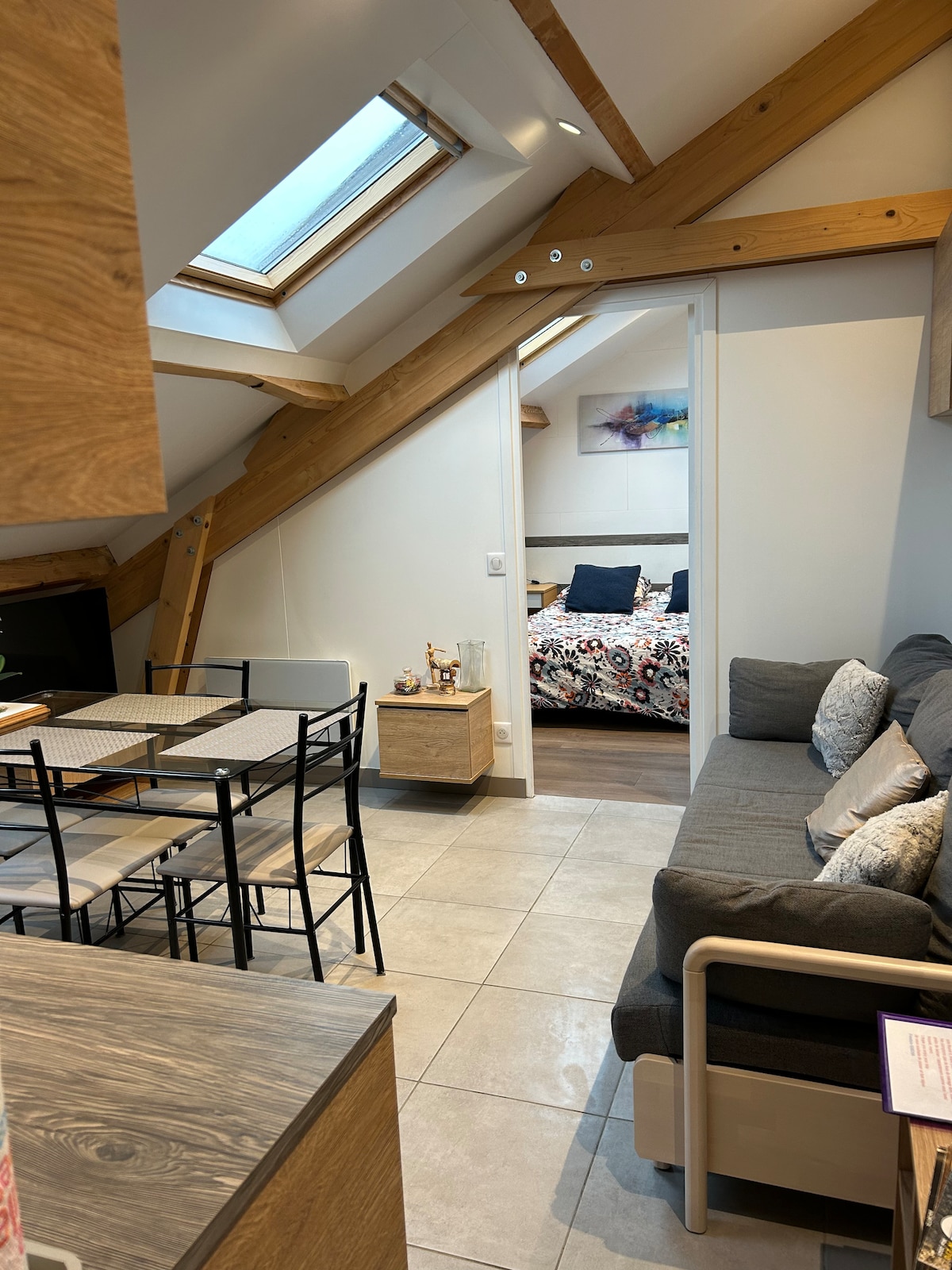 A bright living area features a comfortable gray sofa and a dining table with black metal chairs. Exposed wooden beams add character to the space. A view into the adjacent bedroom reveals a colorful bedspread and natural light streaming through a skylight.