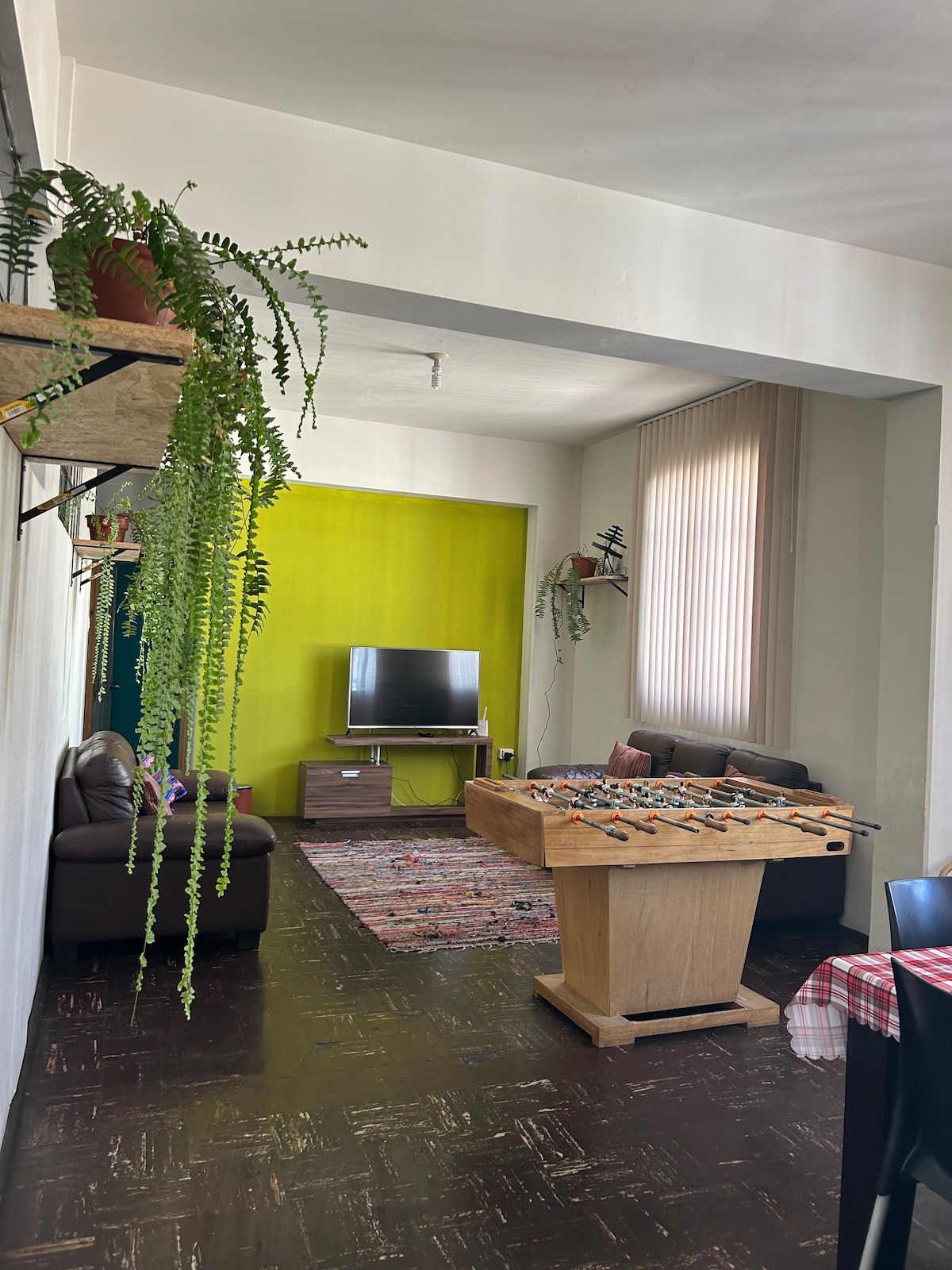 A spacious living area features two brown sofas positioned around a wooden foosball table. A vibrant green accent wall serves as the backdrop for the television, while hanging plants introduce natural elements. Light from large windows creates a bright and open atmosphere.