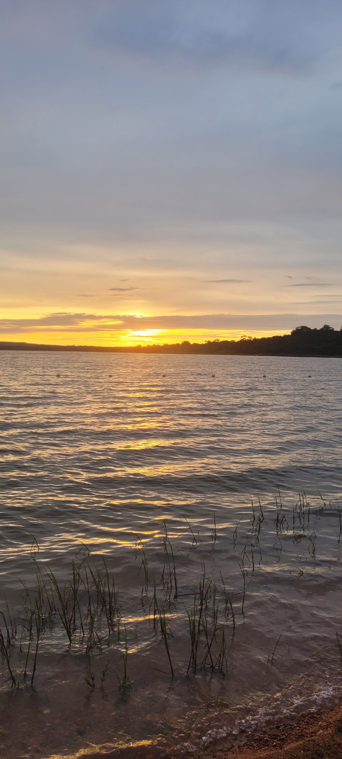 The image captures a serene sunset over the calm waters of Lake Corumbá IV. Gentle waves reflect shades of orange and gold, while a border of lush greenery outlines the distant shore. The composition conveys a tranquil natural setting, inviting peaceful contemplation.