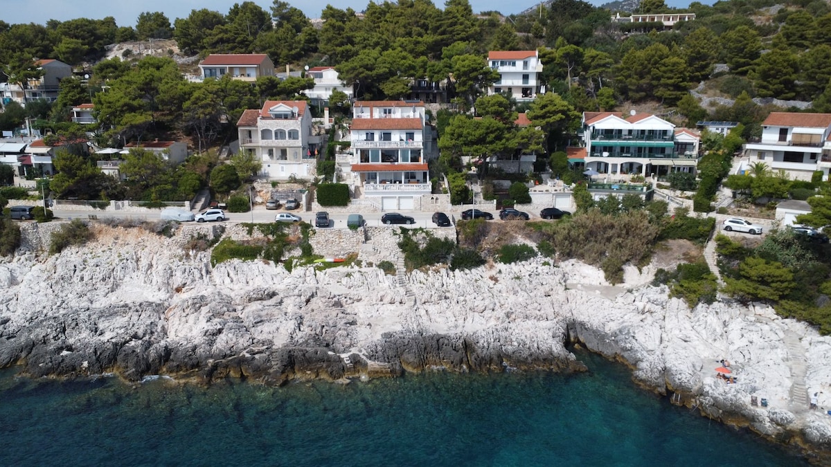 A coastal view captures a row of residential houses nestled among pine trees, positioned above a rocky shoreline. The clear blue water reflects the greenery, while several vehicles are parked along a pathway. Sunbathers can be seen on the rocks, enjoying the tranquil setting.