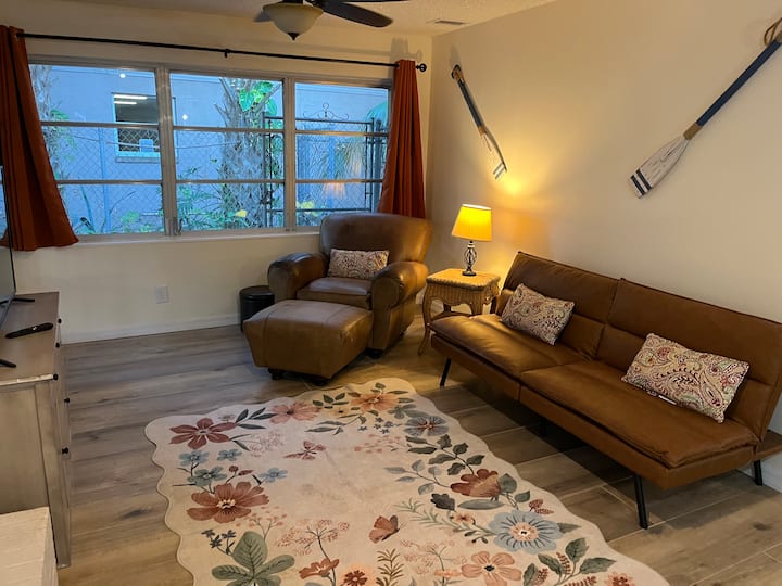 Сгъваем диван, удобен кожен стол, смарт телевизор, огнище