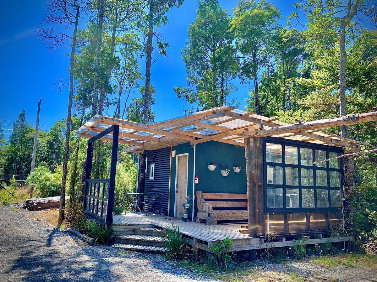 The tiny house is surrounded by native trees and features a covered porch with a wooden deck. Large windows allow natural light to fill the space, while planters with greenery enhance the outdoor area. A gravel path leads up to the entrance.