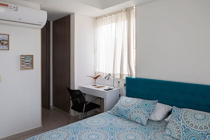 Master bedroom with king-size bed, desk, two closets, and private bathroom