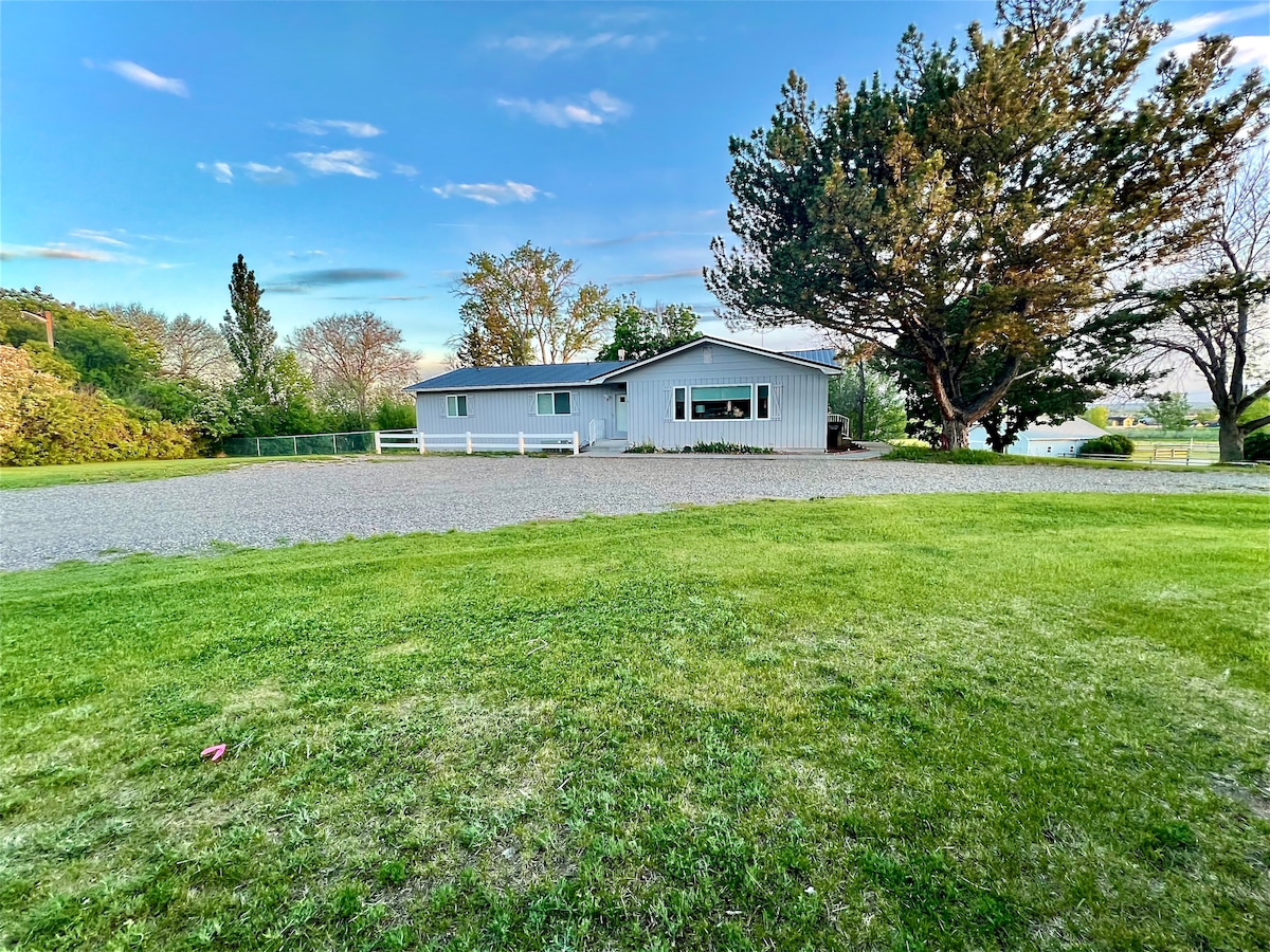 A spacious exterior view of the house is captured, showcasing a well-maintained lawn and gravel driveway. Lush greenery surrounds the property, complemented by a large tree on the right. The home features large windows and is set under a partly cloudy sky.