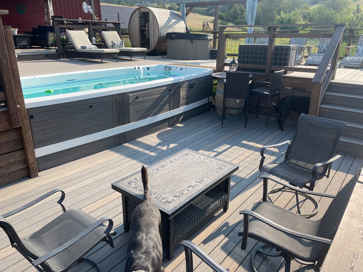 A spacious outdoor area features a swim spa next to comfortable lounging chairs and a dining set. The wooden deck is enhanced by a modern aesthetic, with a few scattered toys suggesting a playful atmosphere. Lush greenery is visible in the background.