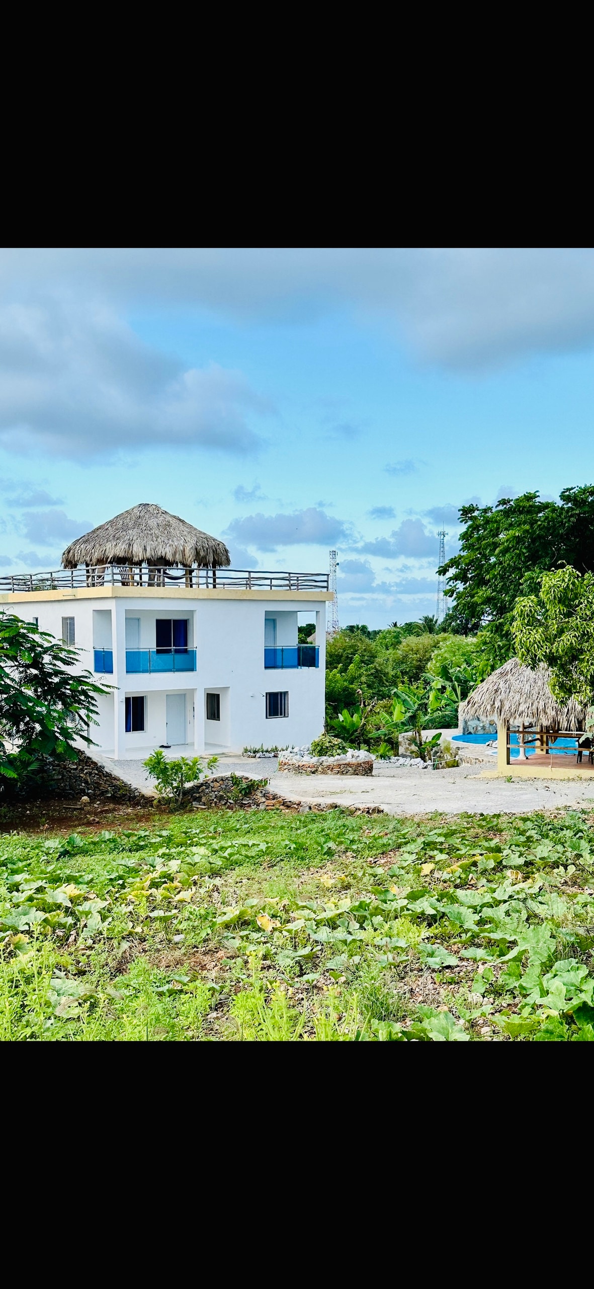 A two-story white building with a thatched roof stands amidst lush greenery. Multi-paned windows are visible on the exterior, and a patio area can be seen featuring additional thatched roofing. A vibrant garden with various plants is situated in the foreground.