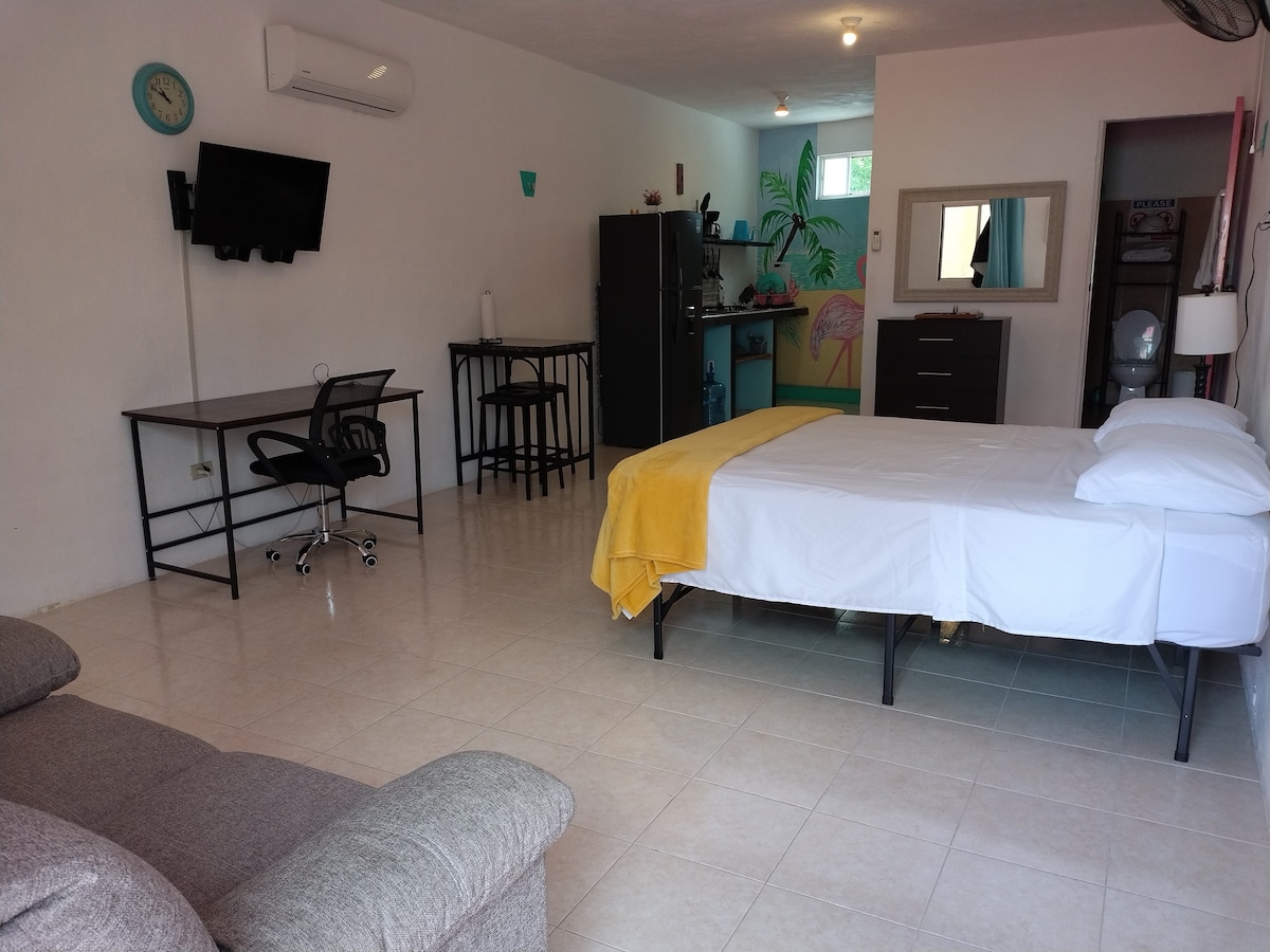 A spacious room is presented with a queen size bed topped by a simple white comforter. A work desk with a chair is visible alongside a kitchenette featuring a full size refrigerator. A cozy seating area and a mounted television are included, enhancing the room's functionality.