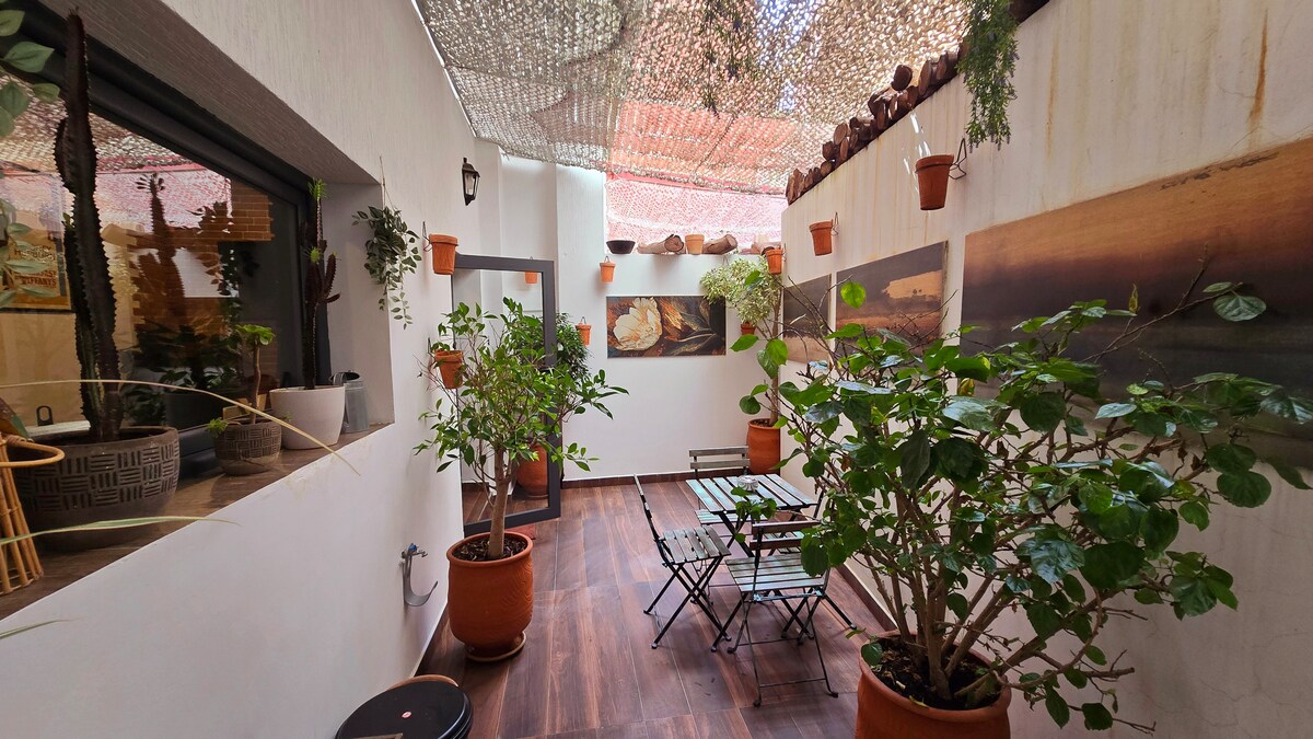 A private terrace features a wooden floor and is adorned with potted plants on both sides. A small table and chairs are arranged for outdoor seating, while a canopy provides shade above. Artwork is displayed on the walls, enhancing the relaxed outdoor atmosphere.