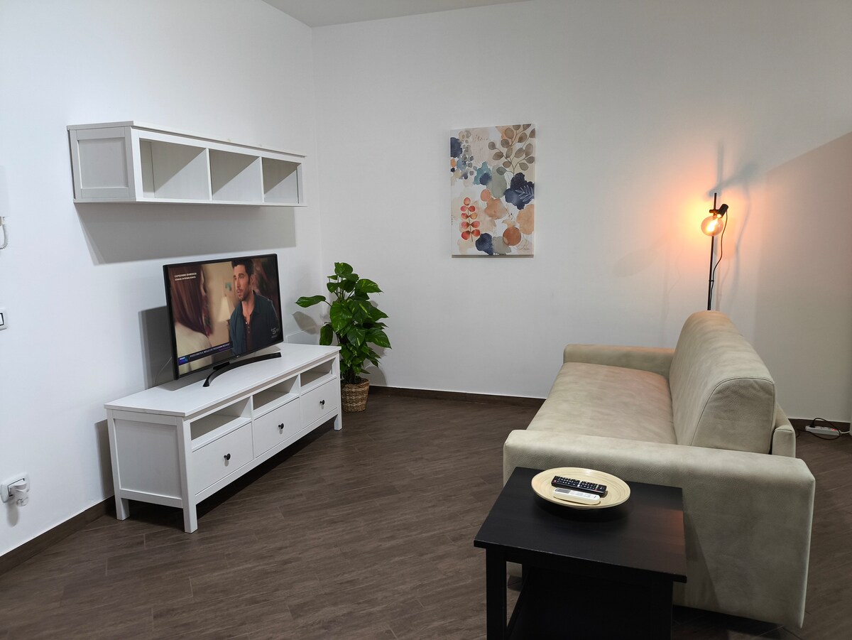 A comfortable living area is depicted, featuring a light-colored sofa positioned near a television on a white cabinet. A dark side table holds a remote, while a potted plant adds a hint of greenery. A wall-mounted shelf displays minimalist decor, complemented by a wall art piece.