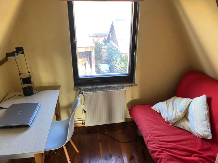 Petite chambre avec poste de travail ( pas de wifi disponible ) et canapé-lit, ne pas regarder est une tringle à vêtements où vous pouvez accrocher quelques t-shirts.