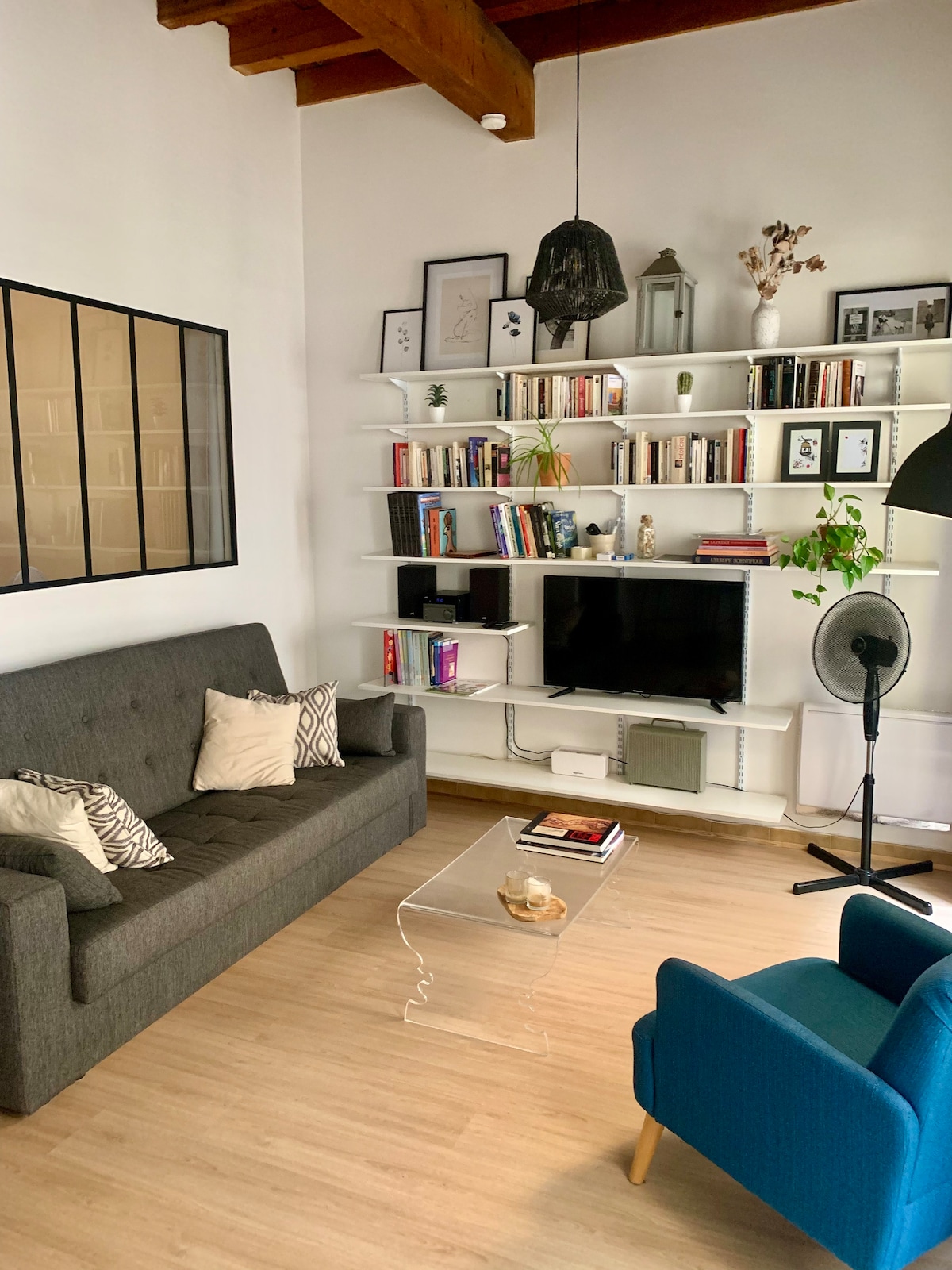 A cozy living area features a dark grey convertible sofa with decorative pillows, positioned beside a clear acrylic coffee table. A white bookshelf filled with books and plants is showcased on one wall, while a flat-screen television is mounted nearby. Natural light enhances the inviting space.