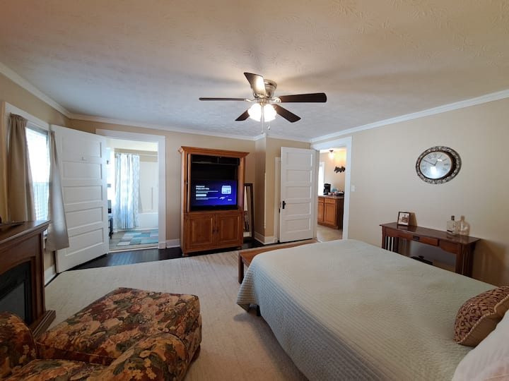 Queen master bedroom with Roku TV, private bathroom and closet.