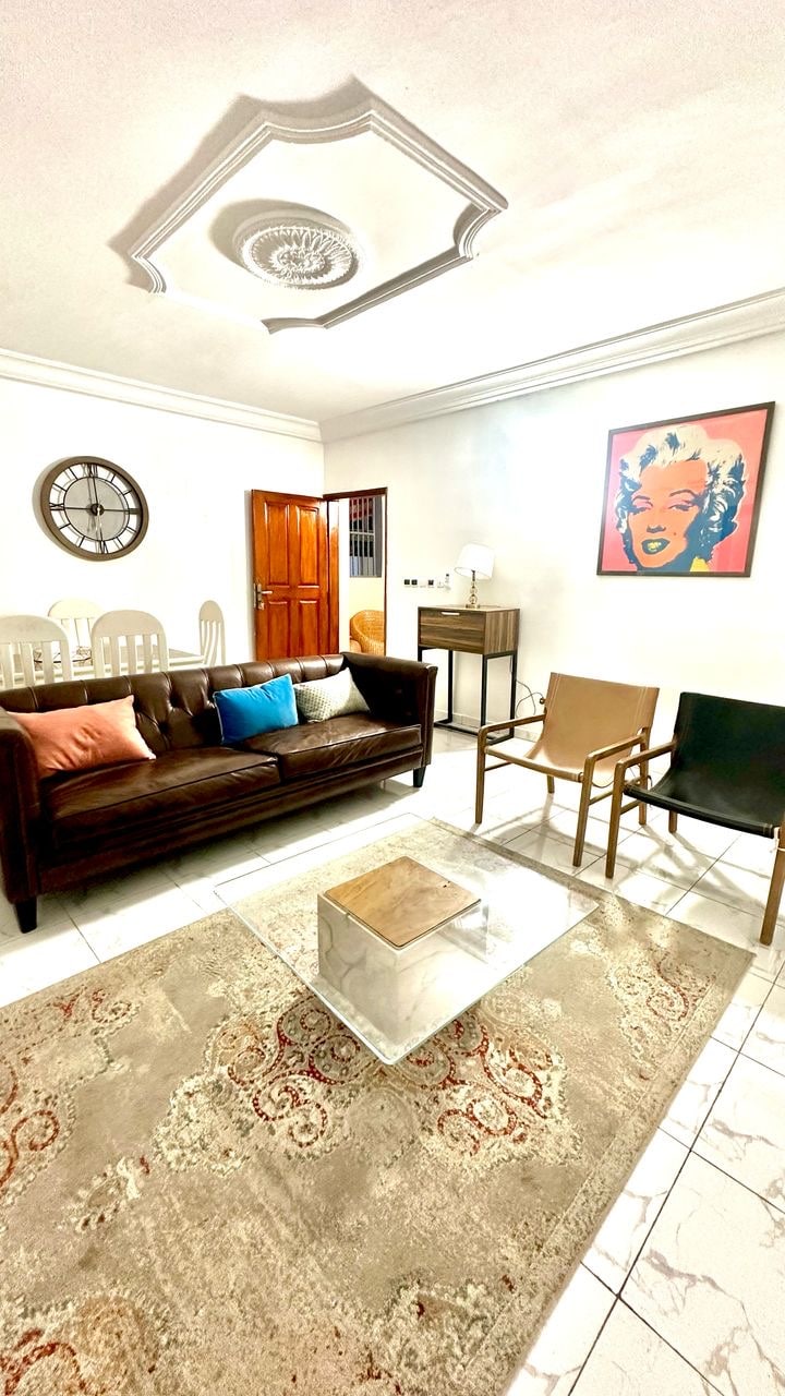 A stylish living room features a dark sofa adorned with colorful cushions, complemented by a patterned area rug. A wooden dining table is visible in the background, accompanied by several chairs. Natural light fills the space through a window, enhancing the inviting atmosphere.