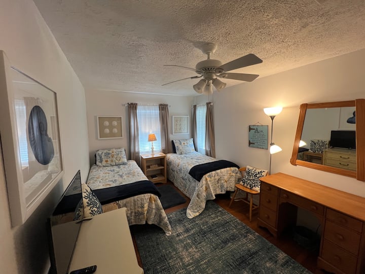 Chambre avec lits jumeaux, TV dans la chambre, ventilateur au plafond/lumière