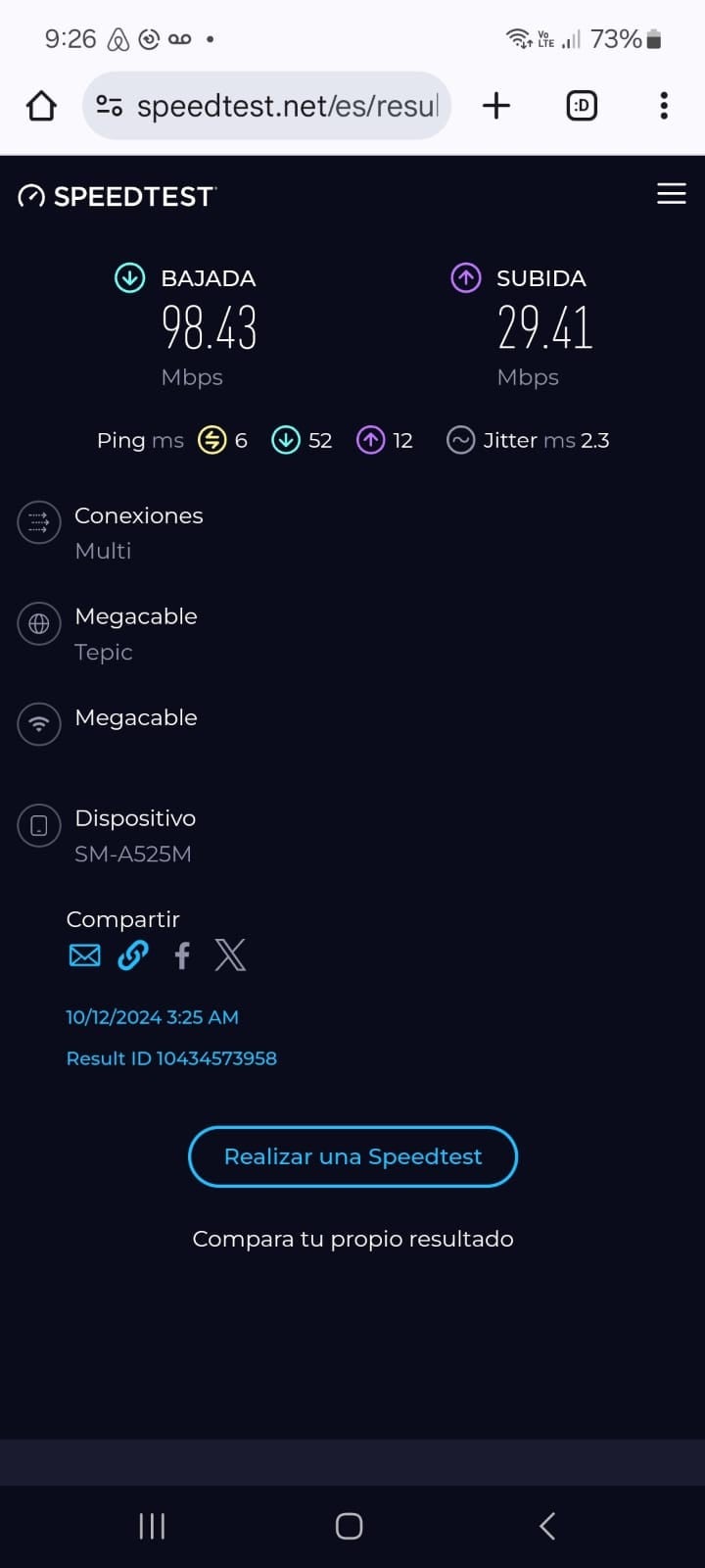 A screenshot displays internet speed test results. Download speed is indicated as 89.43 Mbps, upload speed as 29.41 Mbps, with a ping of 16 ms and jitter at 2.3 ms. Device information and options for sharing results are also visible.