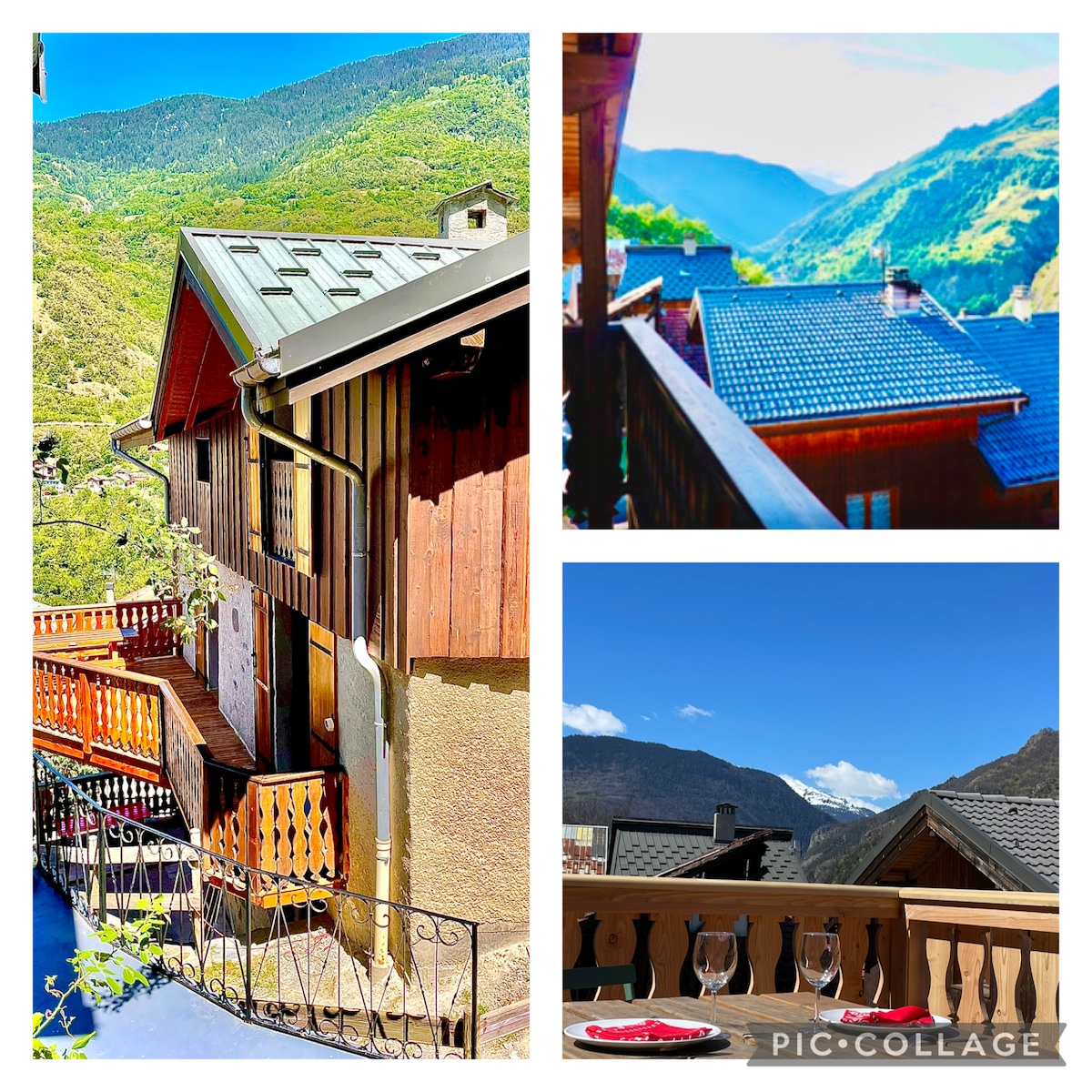 The exterior of the chalet is shown, featuring traditional wooden architecture nestled in a mountainous setting. Three images display the spacious balconies adorned with decorative railings, offering expansive views of the verdant mountains and clear blue sky, inviting moments of relaxation and connection with nature.