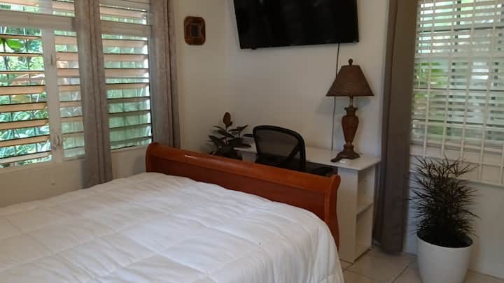 Kitanda cha starehe cha malkia, televisheni ya Ruku, chenye kiyoyozi. Dawati lenye kiti kizuri. 