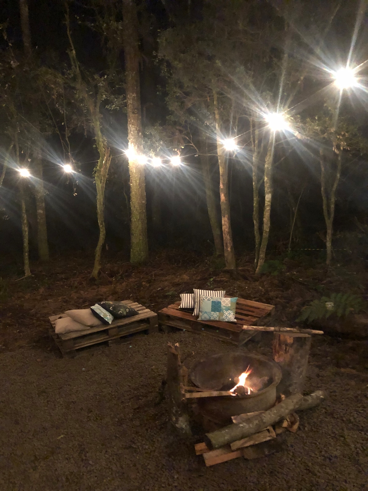 A cozy outdoor seating area is illuminated by string lights hung between trees. Comfortable cushions are arranged on wooden pallets beside a fire pit, which features a small flame. The surrounding natural setting is enhanced by soft shadows and greenery.