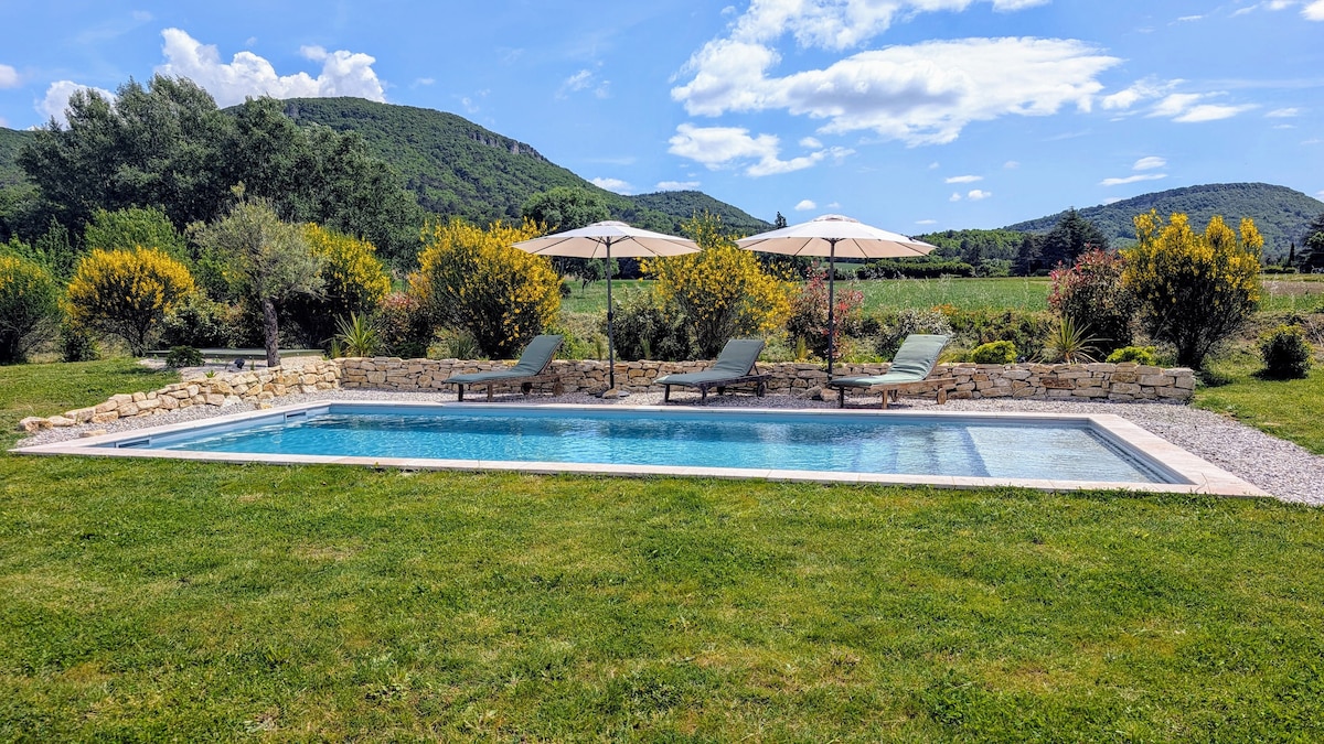 A serene outdoor space is showcased with a sparkling pool surrounded by a well-maintained lawn. Two lounge chairs and large umbrellas are positioned by the pool. Lush greenery and flowering shrubs provide a natural backdrop, while distant hills are visible under a partly cloudy sky.