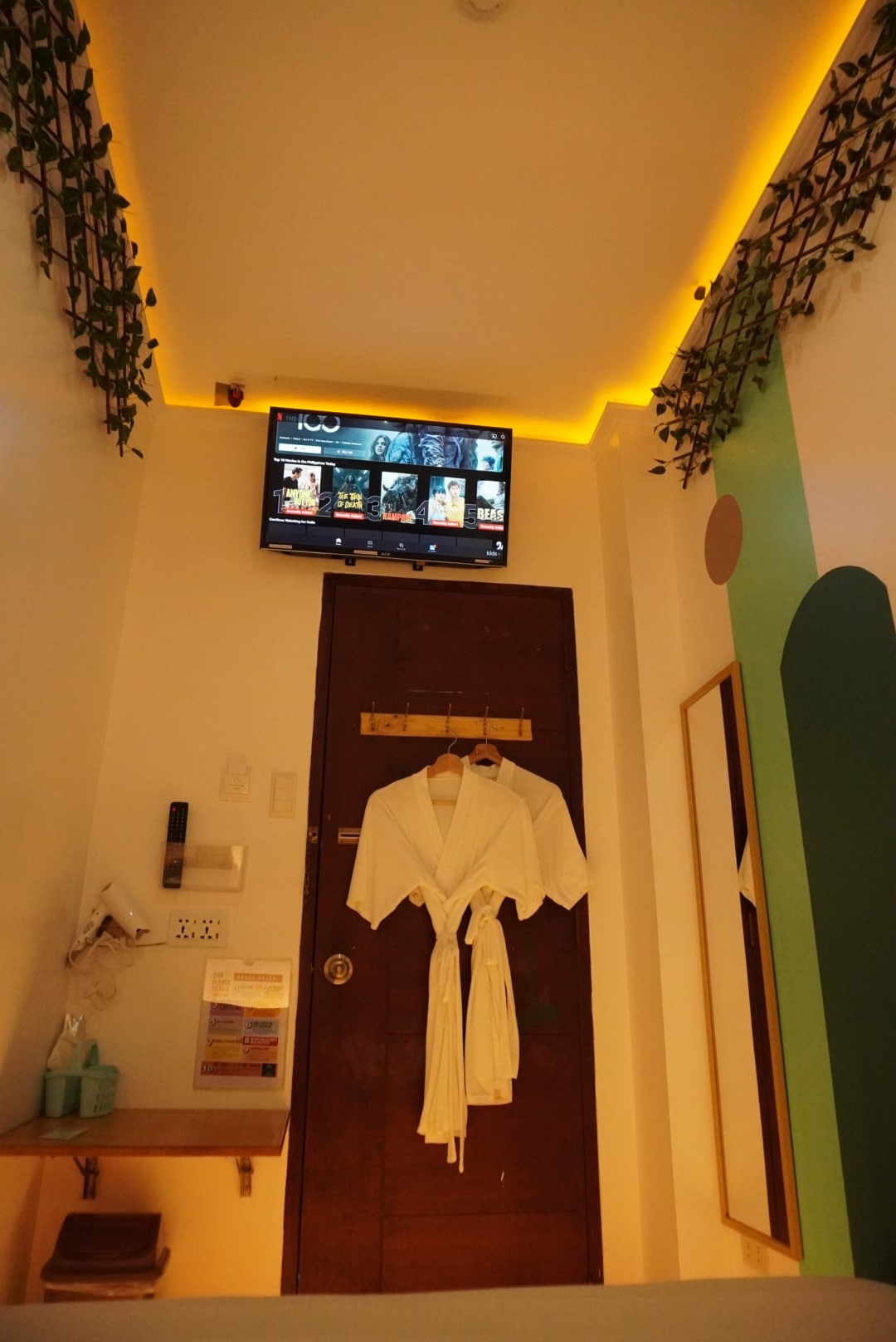 The room features soft ambient lighting along the ceiling. A wall-mounted Smart TV displays various viewing options. A white bathrobe hangs on a wooden hook beside a full-length mirror, reflecting the interior design. Decorative plants are placed along the top of the wall.