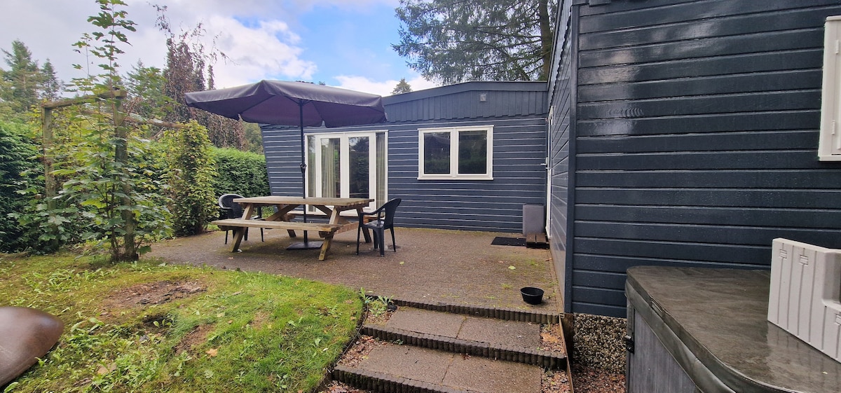 A modern chalet exterior features a spacious patio area with a large outdoor table surrounded by chairs. A shaded umbrella provides comfort. The entrance has large glass windows, and a jacuzzi is visible to the side, set against a backdrop of greenery.