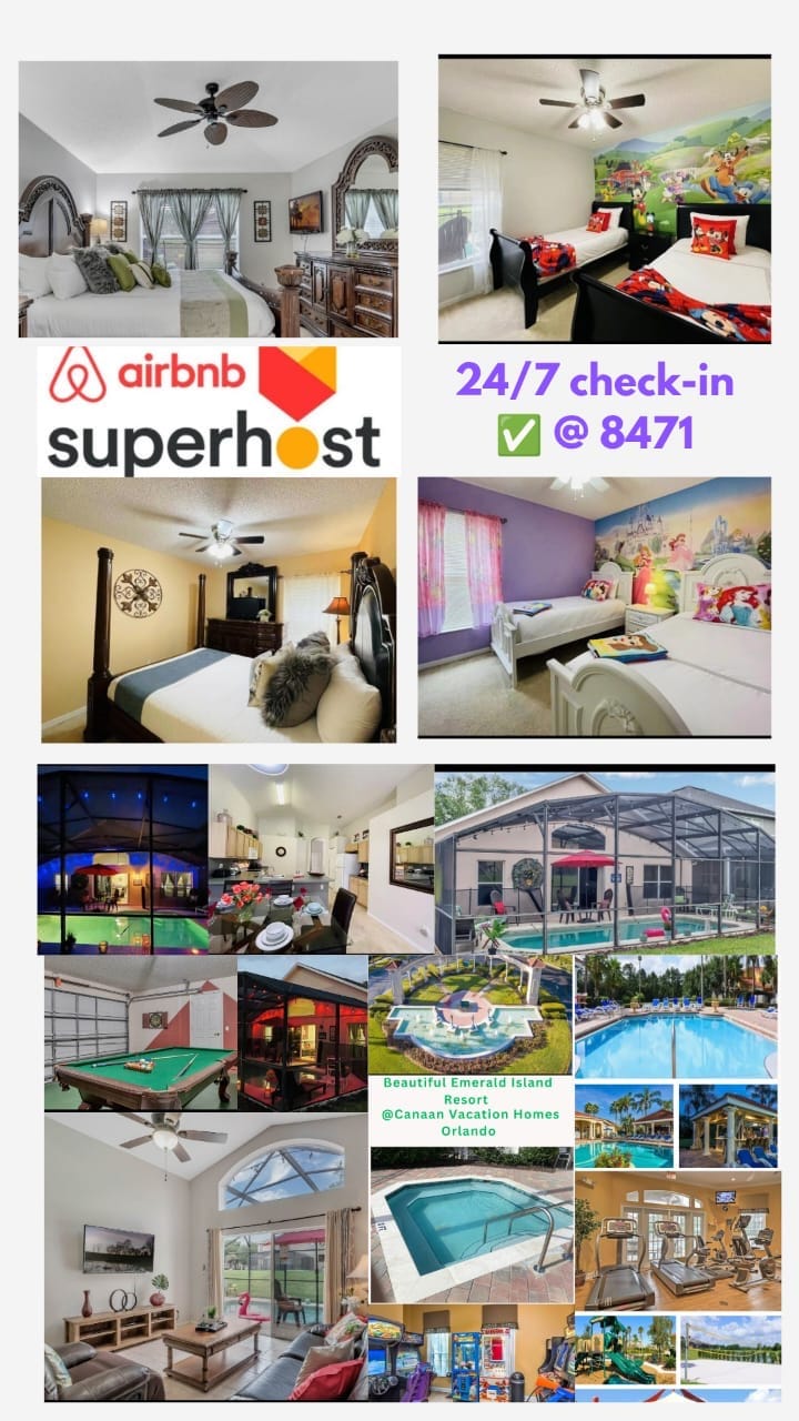 A well-furnished bedroom features a king-size bed with soft linens and ample natural light from the window. Two additional themed bedrooms showcase colorful decor, accommodating twin beds and cheerful accents. An inviting view of the private pool and game room can also be seen, highlighting entertainment options.