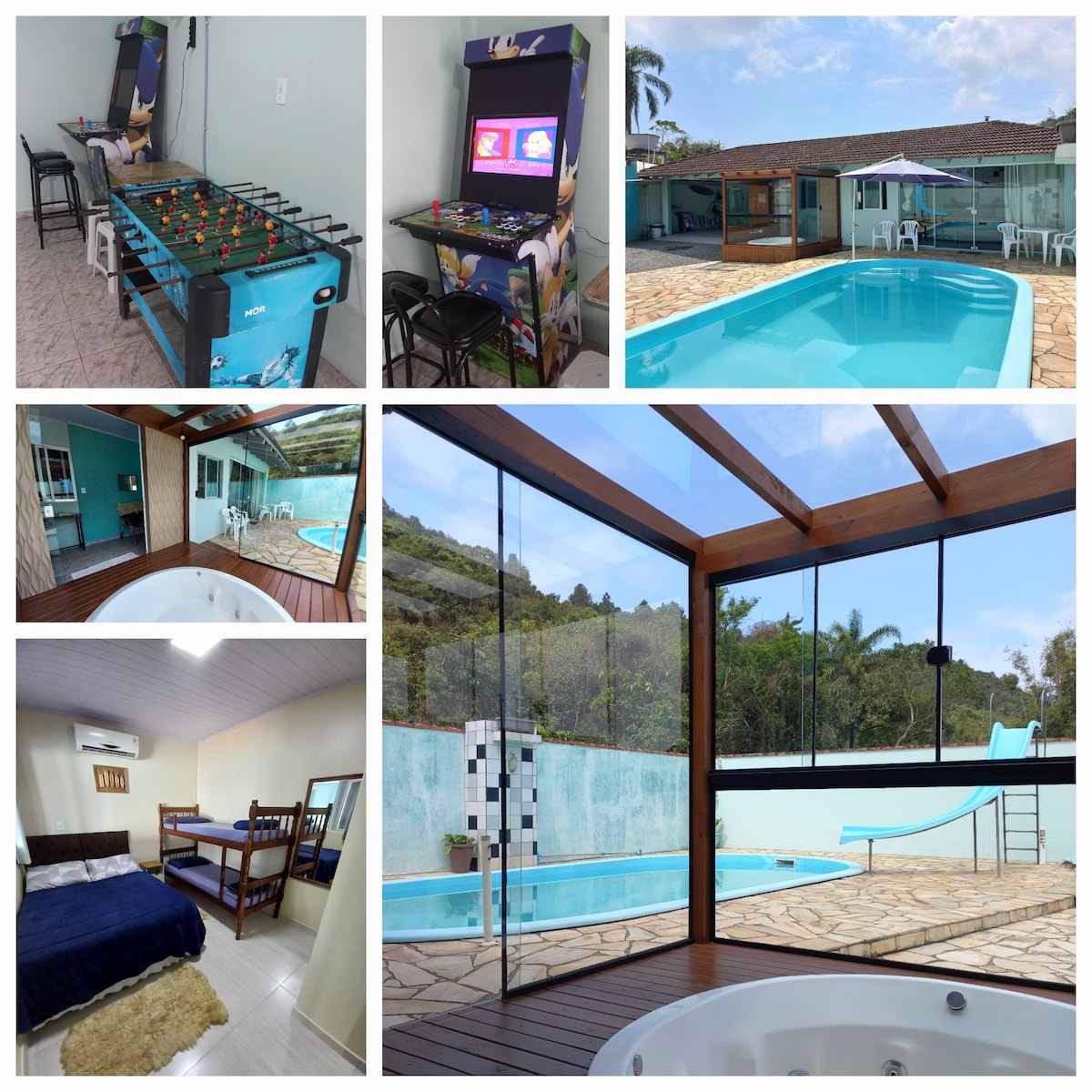 A collage of leisure spaces includes a vibrant game room with a foosball table and arcade machine. The outdoor area features a refreshing swimming pool accompanied by a glass-enclosed pergola and picturesque views. A spacious bedroom includes a double bed and a bunk bed, while a tranquil hot tub offers relaxation.