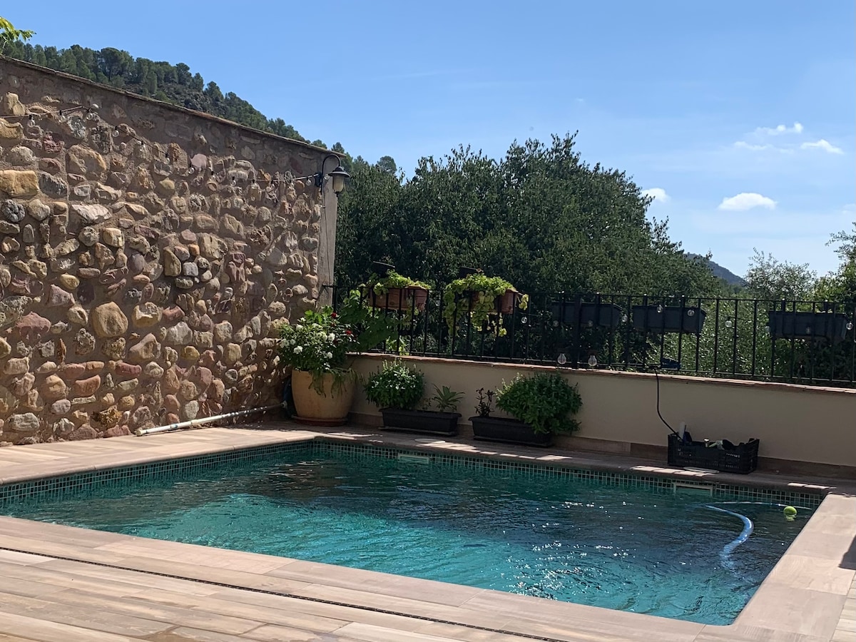 A private swimming pool is set within a wooden deck area, surrounded by verdant plants and a low stone wall. Lush greenery is visible in the background, complementing the serene atmosphere of the outdoor space. Clear blue skies enhance the inviting ambiance.