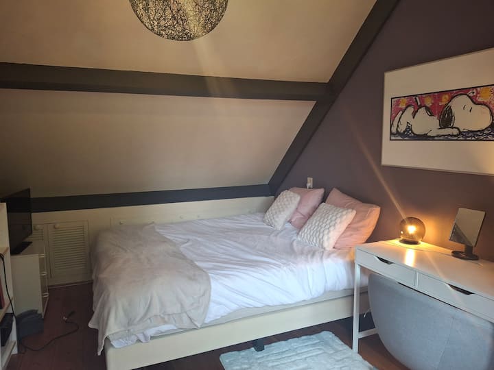 С двойно легло с пружинен матрак с размер 180x210, двоен диван, бюро със стол и голям гардероб. 