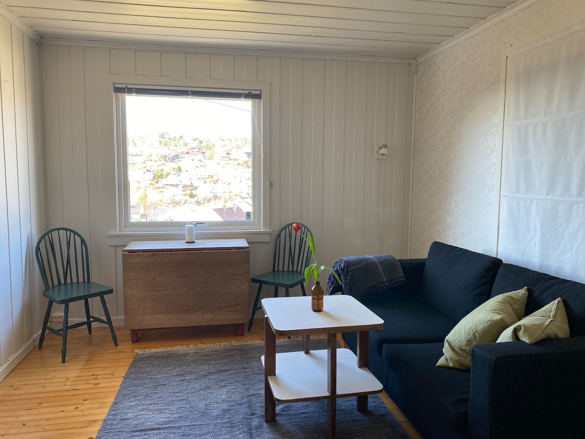 A light-filled living area features a comfortable black couch with decorative pillows. A small white coffee table sits at the center, accompanied by two green chairs. A window offers a view of the surroundings, enhancing the space's airy feel.