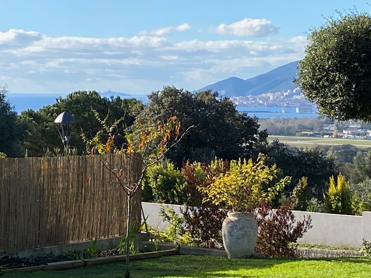 A vibrant garden scene is featured, with a variety of greenery and a decorative pot. The image captures a distant view of the coastline and mountains, under a clear blue sky. Natural light highlights the landscape, creating a serene ambiance.