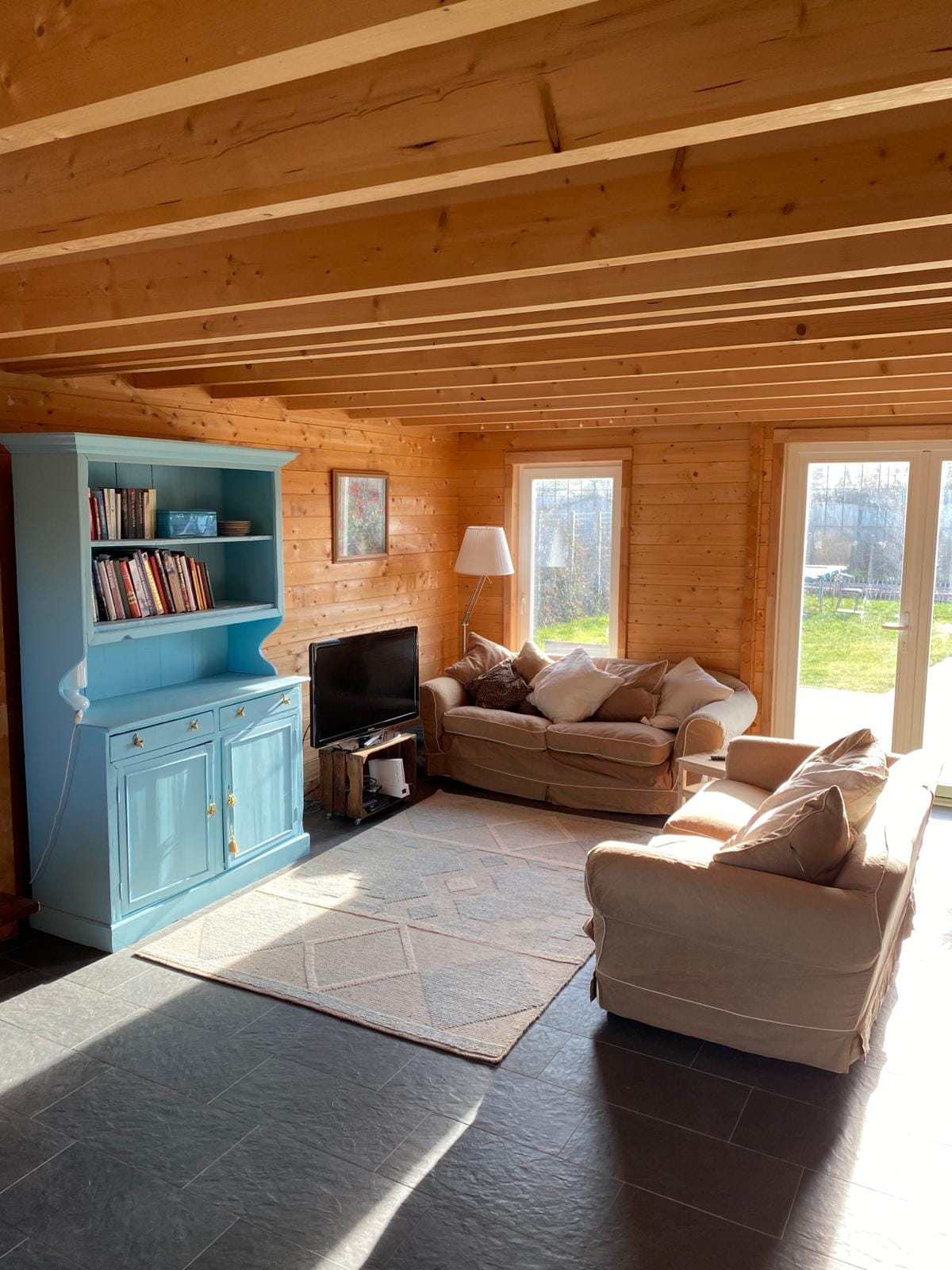A spacious living area features two comfortable sofas arranged around a soft area rug. A light blue bookshelf filled with books stands against a wooden wall. Large sliding doors invite natural light, leading to the garden outside.