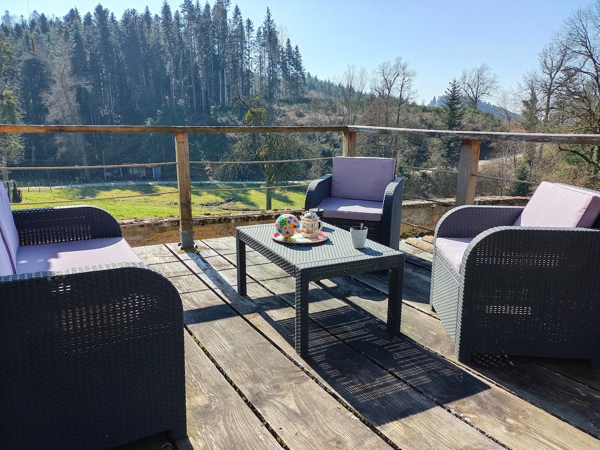 A wooden terrace is furnished with a set of comfortable seating, including two armchairs and a sofa, arranged around a central coffee table. A scenic view of greenery and trees is visible in the background, creating a serene outdoor space.