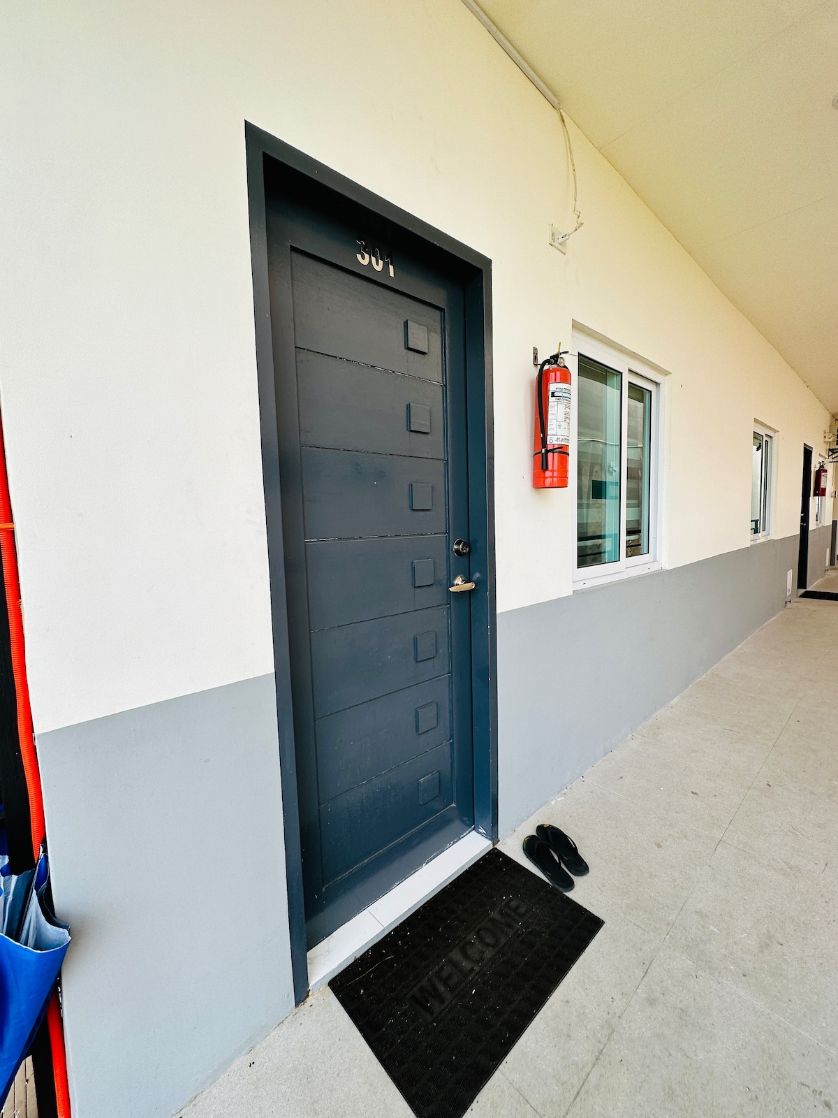 The exterior view of a studio apartment is presented, featuring a dark gray door marked with the number 307. A welcome mat is placed at the foot of the door, and a fire extinguisher is mounted nearby. A window can be seen next to the entrance.