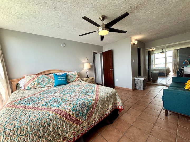 Una perspectiva diferente de la habitación principal, que muestra su diseño generoso y su decoración colorida.