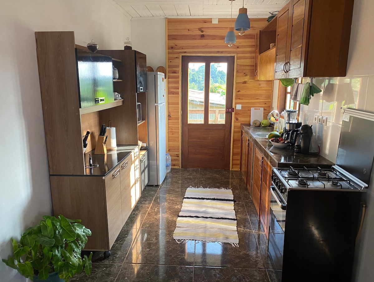 A modern kitchen features wooden cabinets and a light countertop. A refrigerator and stove are visible against a wall, while a window allows natural light to illuminate the space. A potted plant adds a touch of greenery, and a striped rug is placed on the polished floor.