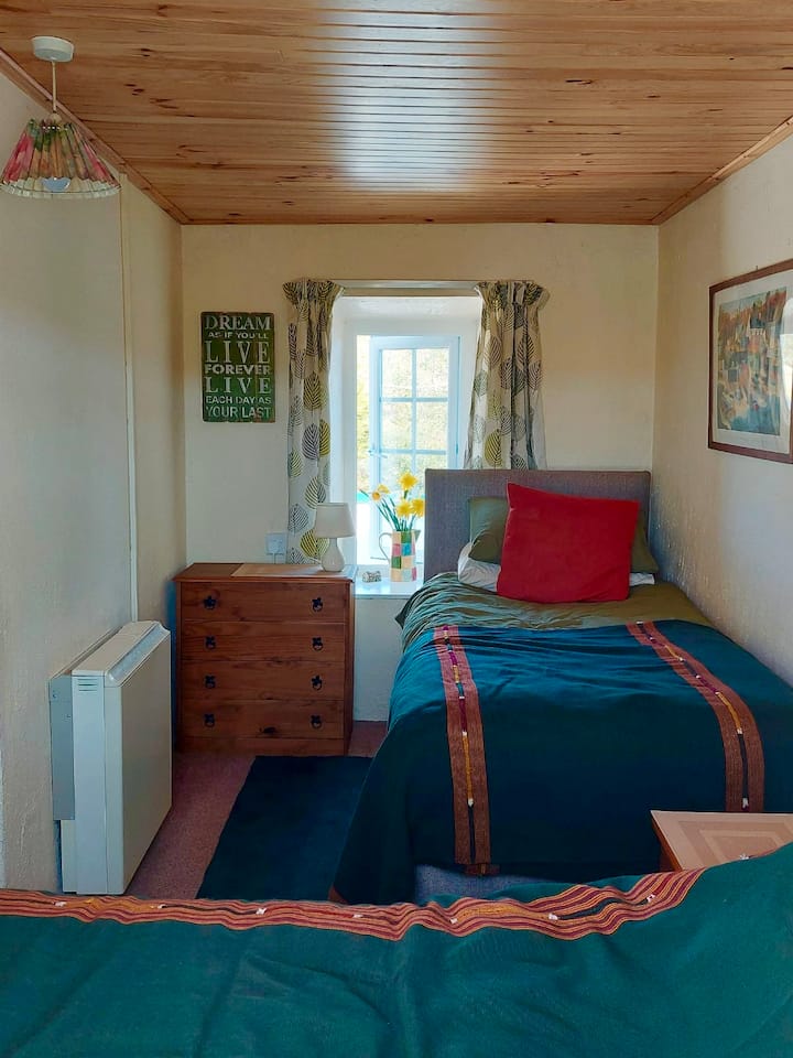 Deux lits jumeaux avec toilettes attenantes et lave-linge