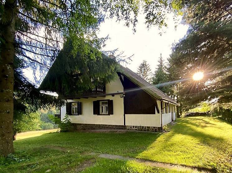 A charming chalet is framed by tall trees, with sunlight filtering through the leaves. The structure features a sloping roof and a covered balcony, while a grassy area surrounds the building, providing a tranquil outdoor space.