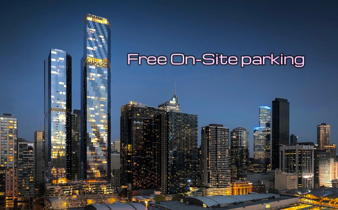 A vibrant city skyline is showcased at dusk, featuring tall high-rise buildings illuminated with warm lights. The text 'Free On-Site Parking' is prominently displayed, highlighting an available convenience for residents and guests.