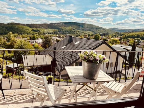 Small oasis on the southern slope of the Rurtal, panoramic view