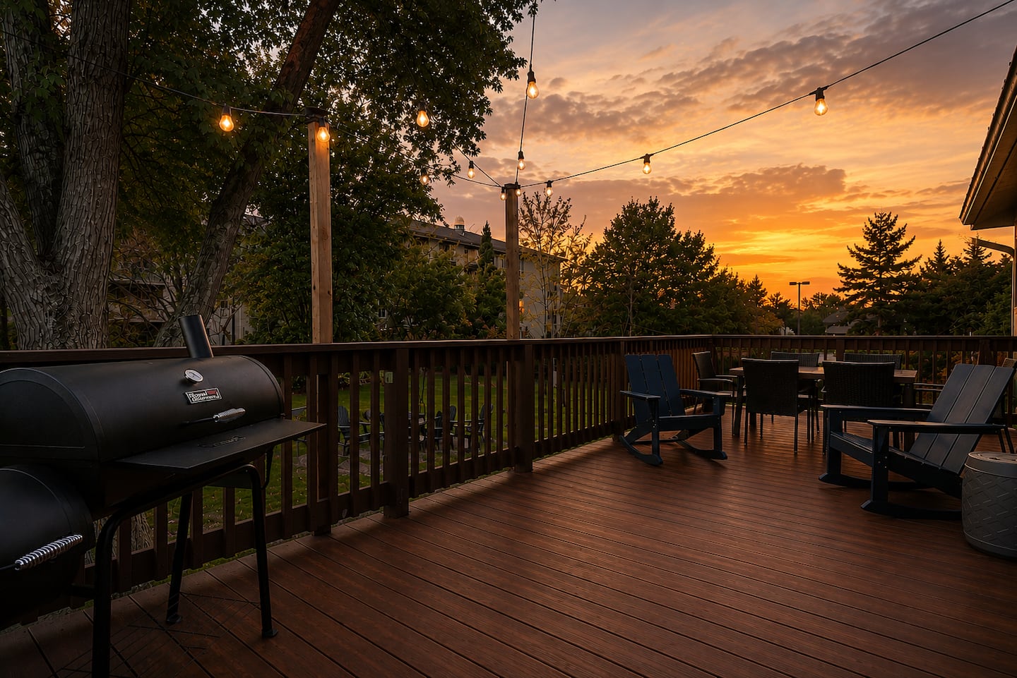 The deck at sunset with the charcoal grill and string lights