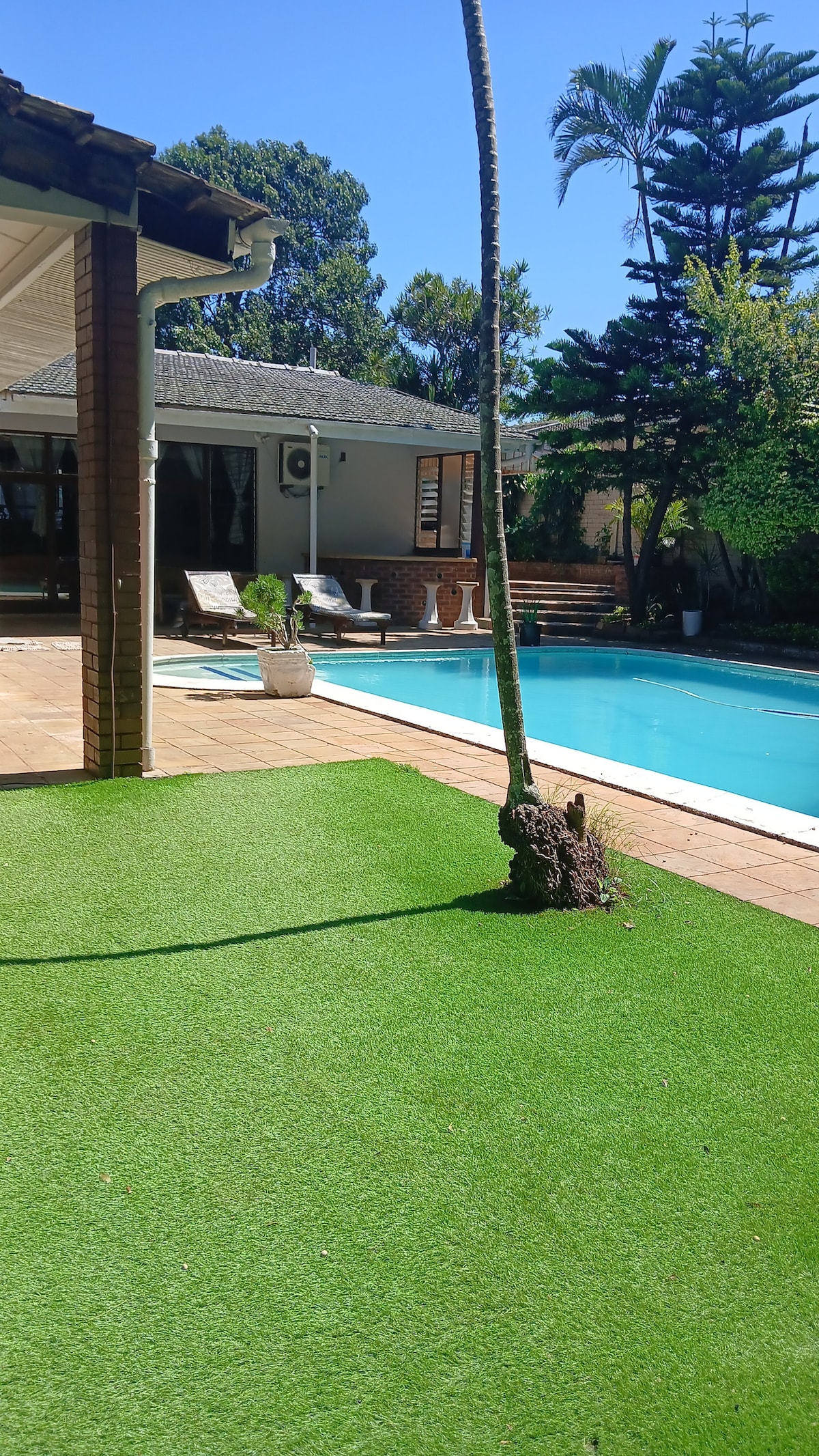 A clear view of a serene poolside area is presented, showcasing a well-maintained lawn. Sun loungers are positioned near the pool, and a small tree is visible in the foreground. Bright greenery surrounds the inviting pool space, enhancing the tranquil setting.