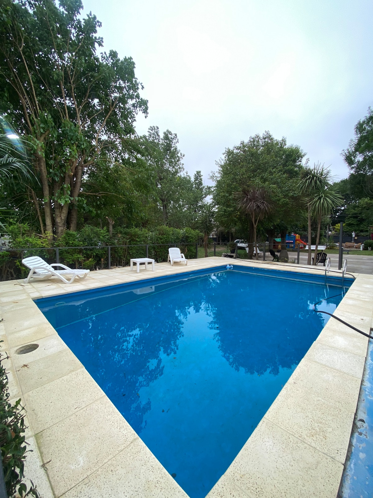 A rectangular swimming pool is surrounded by a paved area featuring white lounge chairs. Lush greenery, including trees and shrubs, provides shade around the pool, creating a calm outdoor space. Bright blue water reflects the cloudy sky above.