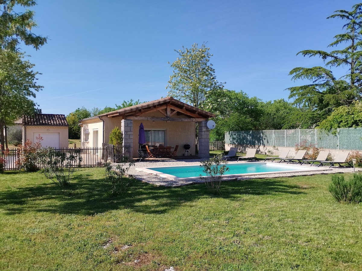 A modern single-story house is surrounded by a spacious green garden. A private salt-water pool is visible in front, accompanied by several lounge chairs. Tall trees provide partial shade, and a covered terrace is situated near the house, enhancing the outdoor living space.