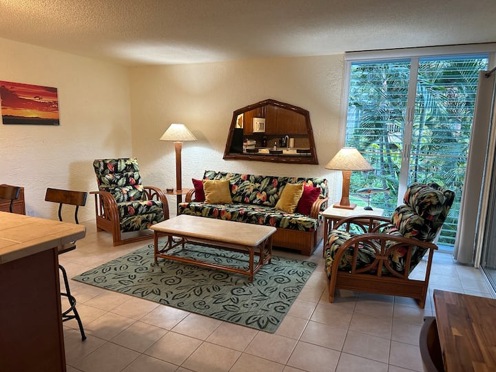 კუნძულის სტილის კომფორტული მისაღები ოთახი ტროპიკული ავეჯითა და საკმარისი სივრცით, რომ დღის თავგადასავლების შემდეგ განიტვირთოთ.