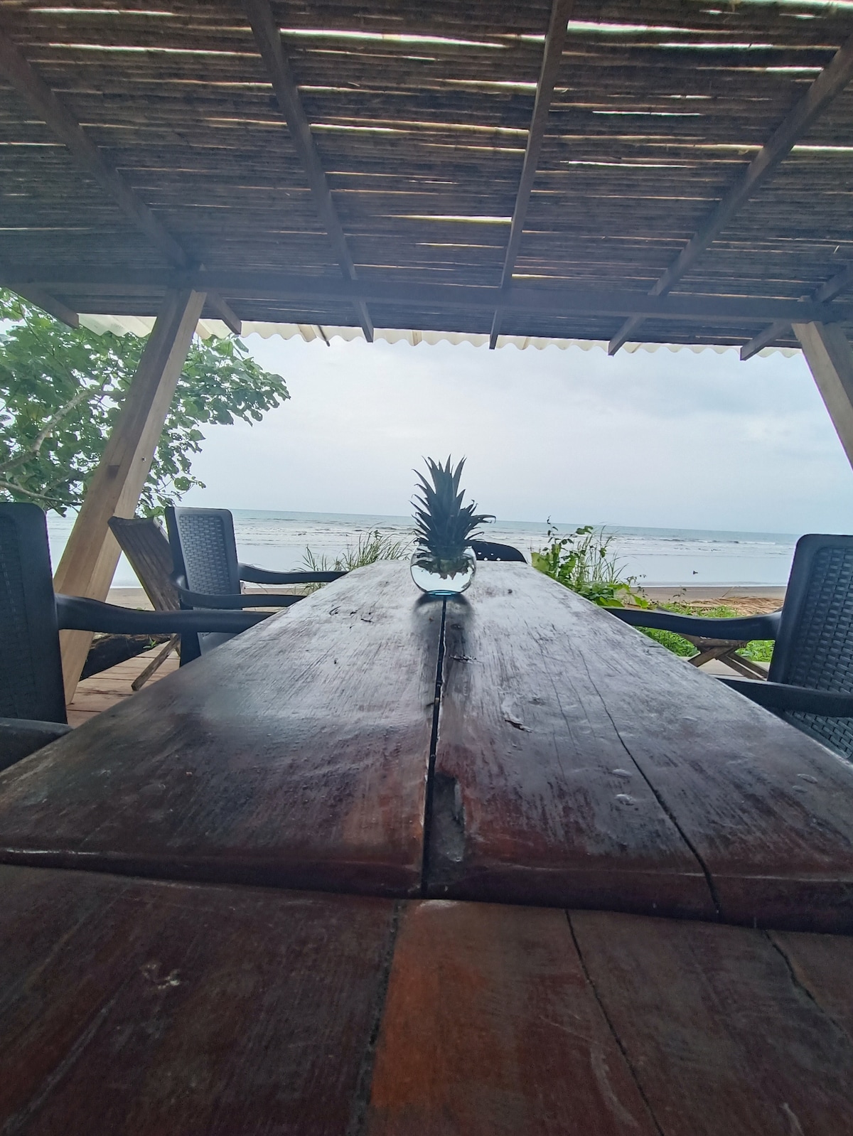 A long wooden table is set under a rustic canopy, facing the ocean. A small vase with a pineapple serves as a centerpiece. Dark chairs surround the table, while greenery is visible in the background along with the serene ocean view.
