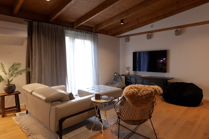 Media Room with 60" TV, surround sound, couch and comfy bean bags. Plus a pull down Queen Size bed.