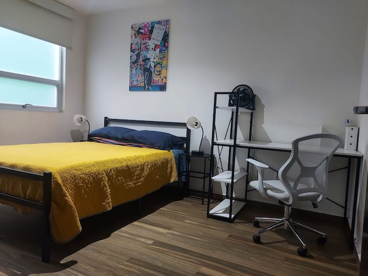 舒适的双人床，配有遮光百叶窗，可供您休息，配有USB连接器的灯，大型办公桌和人体工学椅子，高速无线网络，供房间专用，全套独立卫生间，基本药柜和风扇。