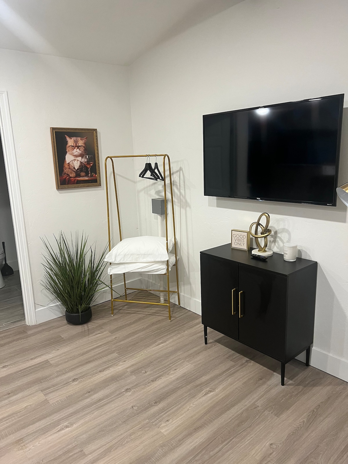 A modern studio corner features a flat-screen television mounted on the wall above a sleek black cabinet with gold accents. A stylish clothing rack holds two hangers, beside a chair. A potted plant adds greenery to the space, creating a relaxed ambiance.