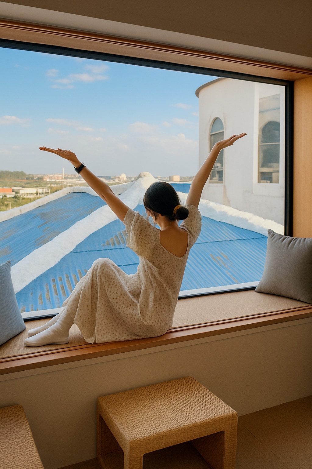 A woman sits on a wide windowsill, stretching her arms toward the ceiling. Outside, blue rooftops and a clear sky are visible, providing a bright and airy backdrop. Two cushions and square stools are positioned on the floor, enhancing the cozy setting.